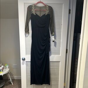 Xscape Navy Blue Ruched Gown with Long Bishop Sleeves